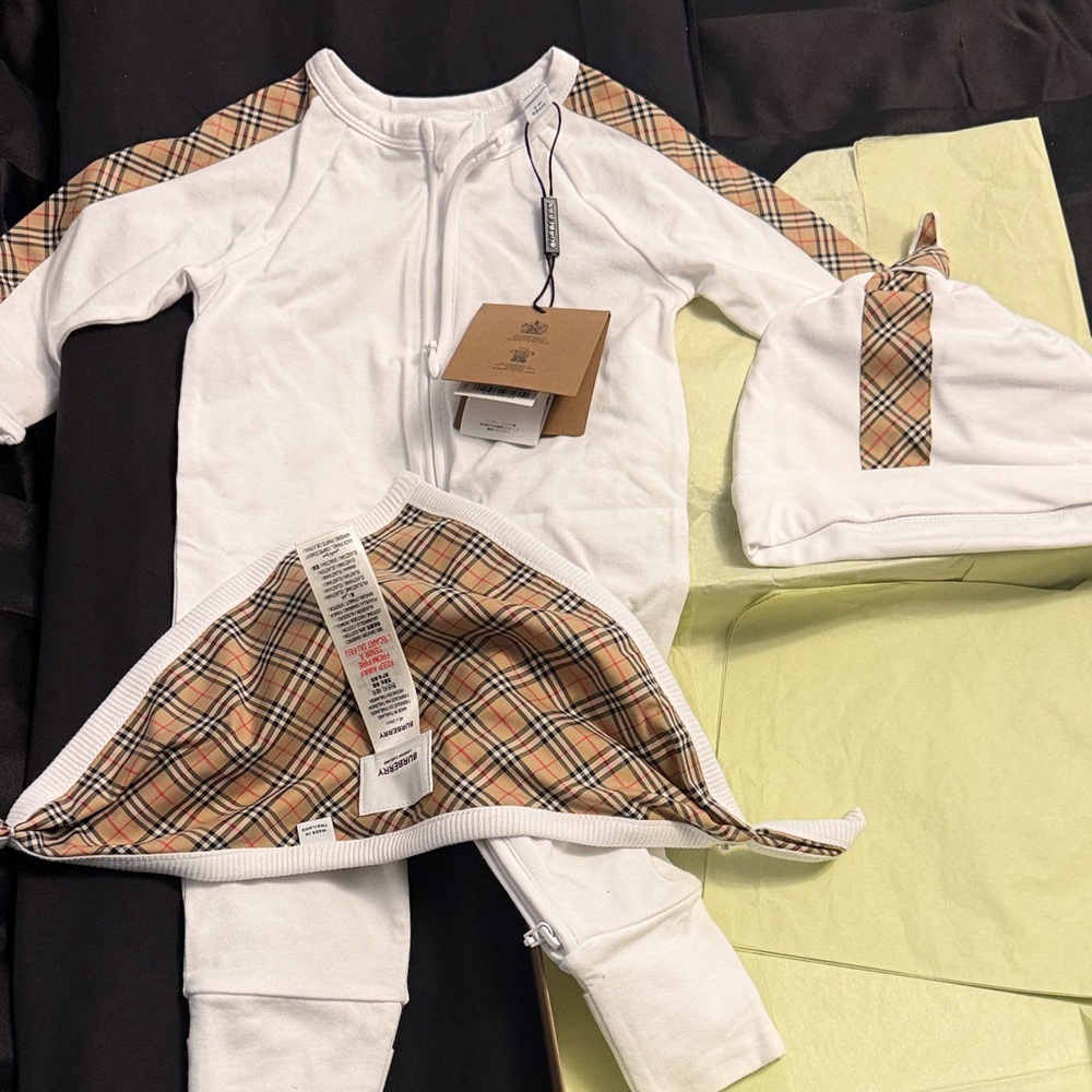 Burberry White and Tan Kids One Piece Bodysuit